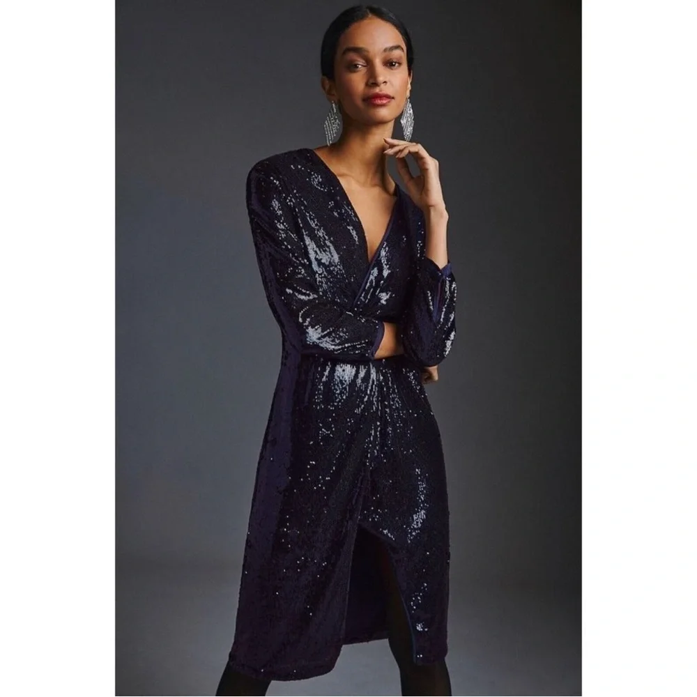 by Anthropologie Twist-Front Sequin Dress Navy Blue size: 8P - Picture 2 of 16